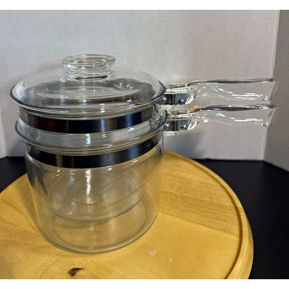 Pyrex Clear Glass Double Boiler w/ Lid Included, Round, Silver Metal Band